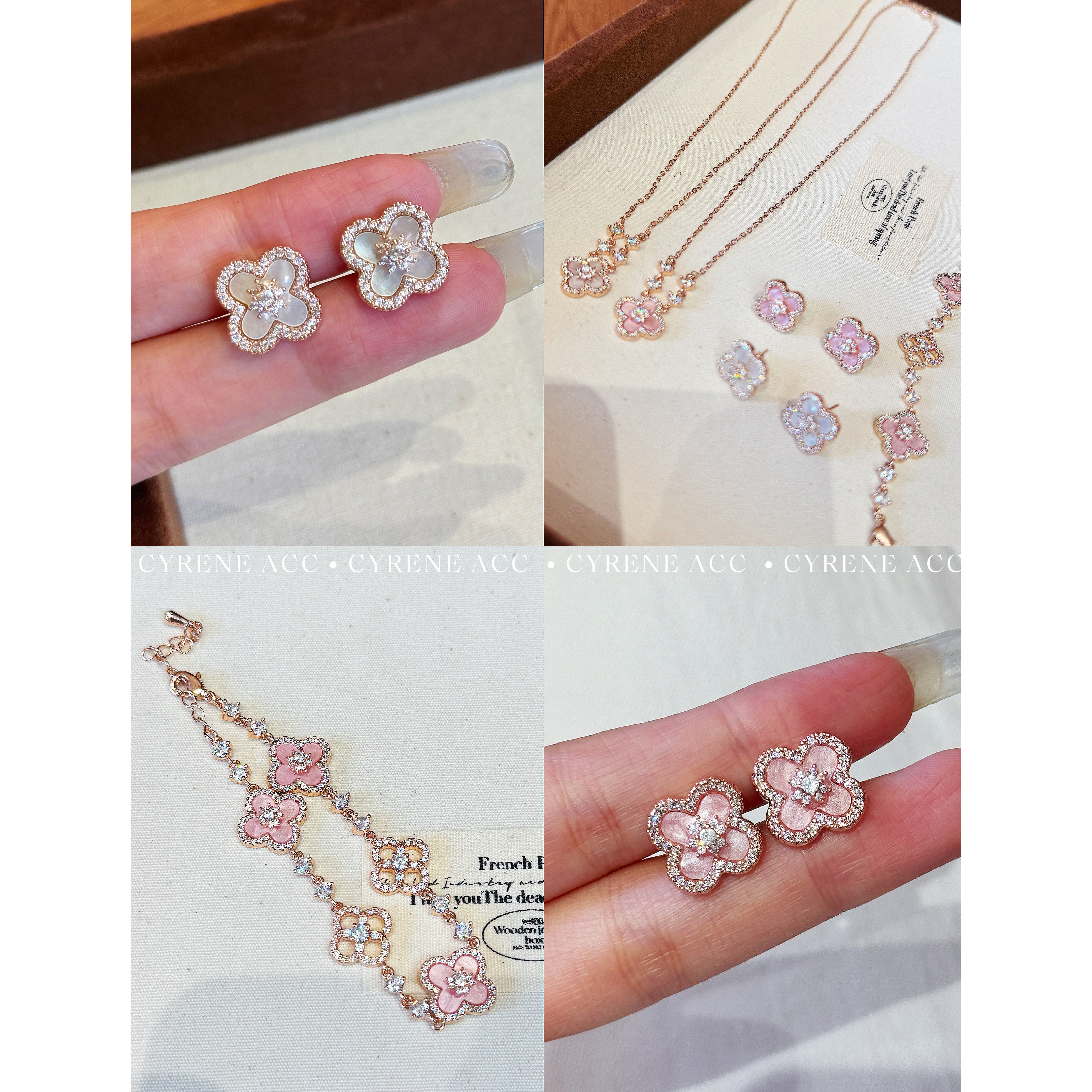 欧美小众设计感高级感粉色项链女气质独特镶钻吊坠四叶花锁骨链女