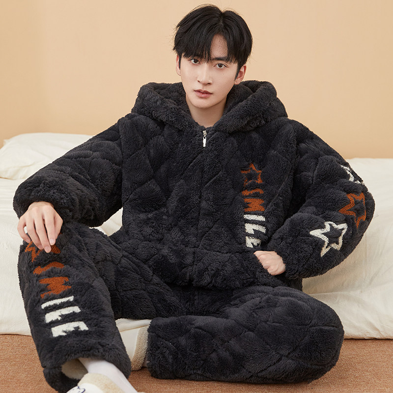 三层夹棉睡衣男士冬季珊瑚绒加厚加绒冬款大码保暖男款家居服套装