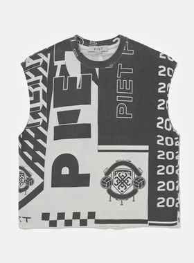 Piet Scarves Raw Edge Oversized Tank Top黑白满印水洗毛边背心