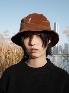 Kangol Cord Bucket Hat王一博同款袋鼠帽子灯芯绒平顶渔夫帽盆帽