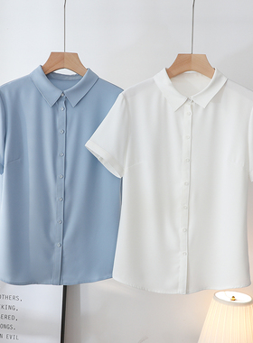 夏季透气仿醋酸缎面雪纺短袖职业女式白色衬衫气质正装工作服上衣