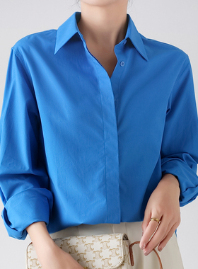 克莱因蓝高级感叠穿天丝棉衬衫女26春季休闲宽松衬衣外套通勤上衣