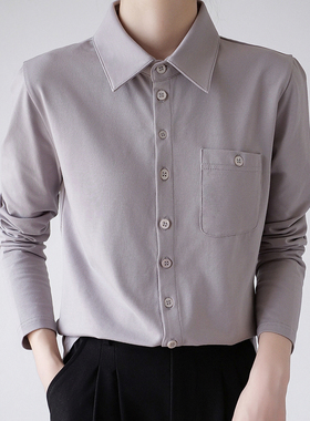 舒适弹力纯棉长袖衬衫女气质修身显瘦时尚韩版衬衣polo领开衫女