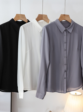 春夏新款丝滑垂坠透气雪纺白色衬衫女长袖韩范职业OL工装打底上衣