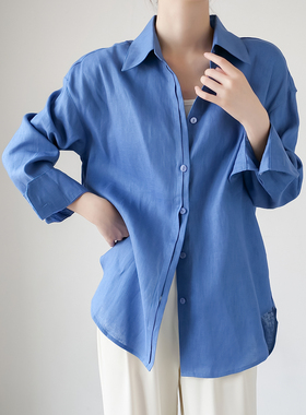 100%全亚麻老钱风衬衫女设计款宽松翻领长袖衬衣26春夏轻薄空调衫