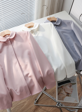 春装缎面圆领职业白衬衫女正装商务工作服显瘦修身女士衬衣高级感