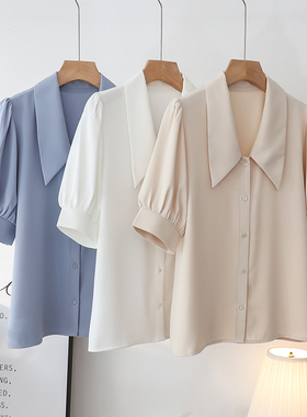 白色短袖衬衫女夏季法式气质尖领设计感上衣职业面试正装雪纺衬衣