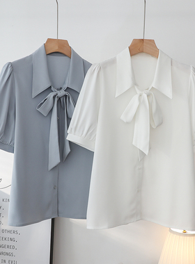 白色短袖蝴蝶结衬衫女夏季2025新款职业通勤上衣面试雪纺缎面衬衣
