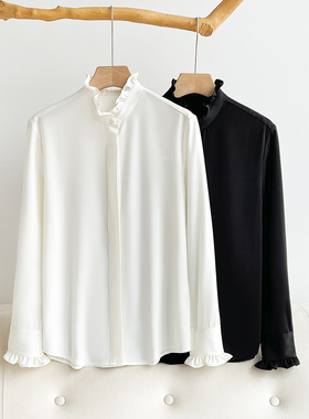 26春秋轻奢设计感小众缎面法式甜美木耳边立领白色衬衫女流行上衣