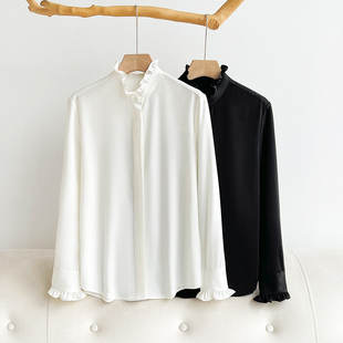 25春秋轻奢设计感小众缎面法式 女流行上衣 甜美木耳边立领白色衬衫