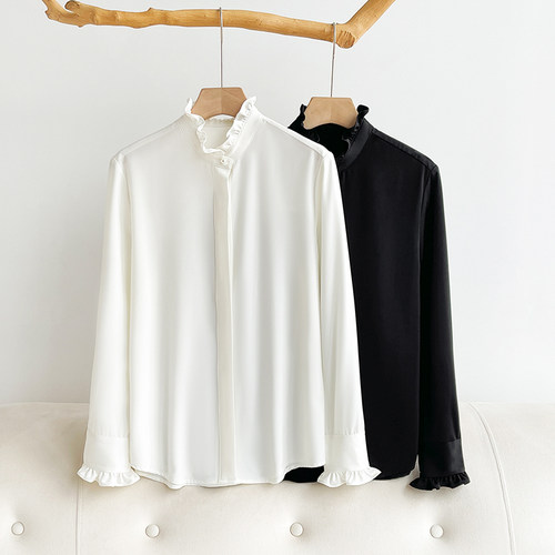 法式甜美木耳边立领白色衬衫女