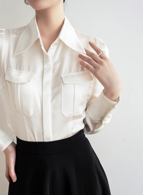 26春季新款白色尖领双口袋通勤时尚气质法式高级设计感长袖衬衫女