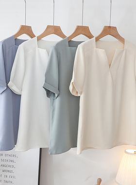 法式复古简约职业通勤v领短袖衬衫女夏设计感小众气质小心机上衣