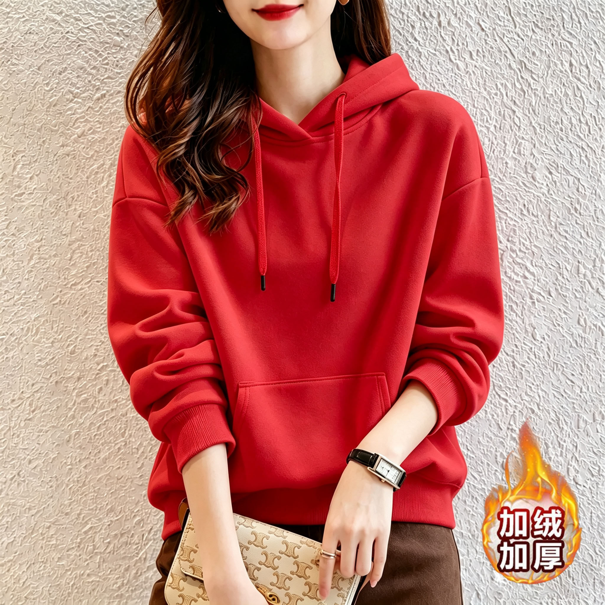 本命红色连帽套头卫衣男女设计港卫衣/绒衫
