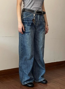 Lifenotes美式复古铆钉水洗闪电直筒牛仔裤男女做旧设计中腰潮