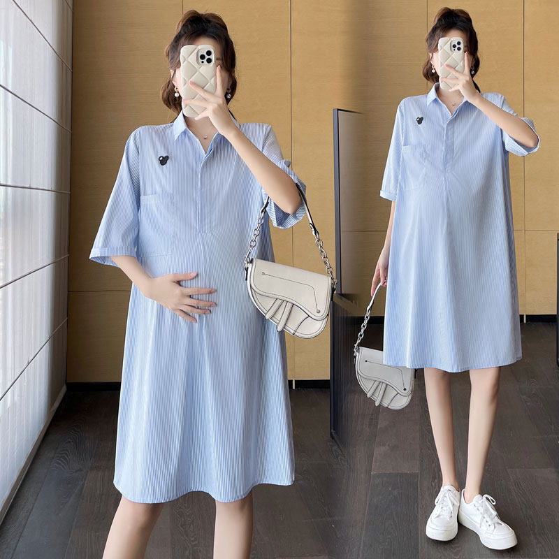 孕妇连衣裙夏款2024新款大码中长款哺乳衬衫上衣宽松职业衬衫长裙