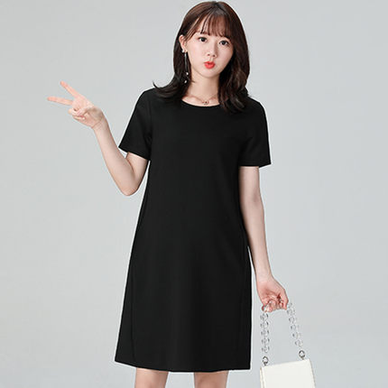 孕妇夏装连衣裙新款职业工作服韩版圆领中长款大码黑色短袖孕妇裙
