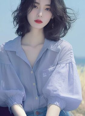 夏季韩系chic别致独特设计感紫色灯笼袖衬衫温柔气质绝美V领上衣