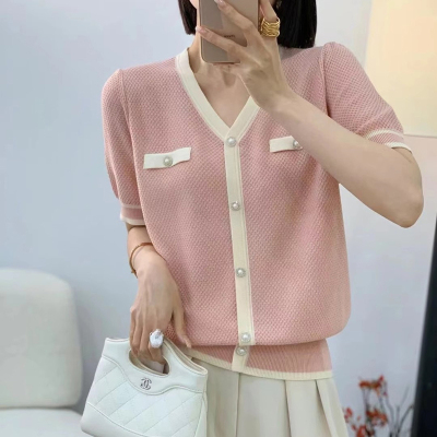欧货v领冰丝短袖t恤针织衫女2025夏季新款设计感小众显瘦撞色上衣