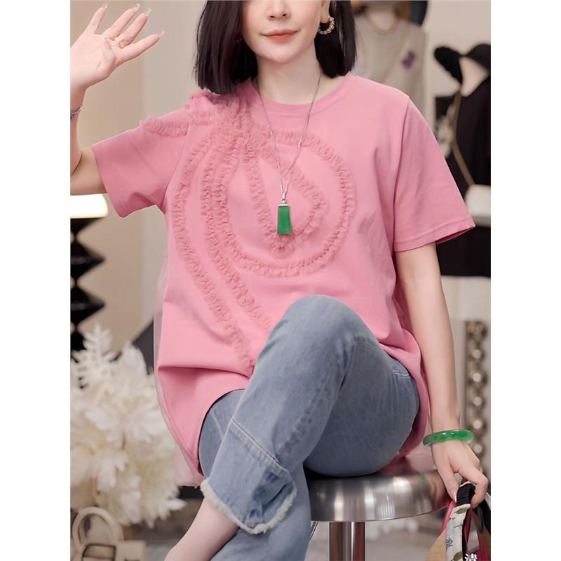 欧货蝴蝶结蕾丝短袖t恤女2025夏季新款网纱拼接气质宽松百搭上衣