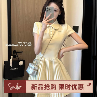 韩系Polo领短袖 拼接百褶短裙 连衣裙女2025夏季 设计感甜美气质修身