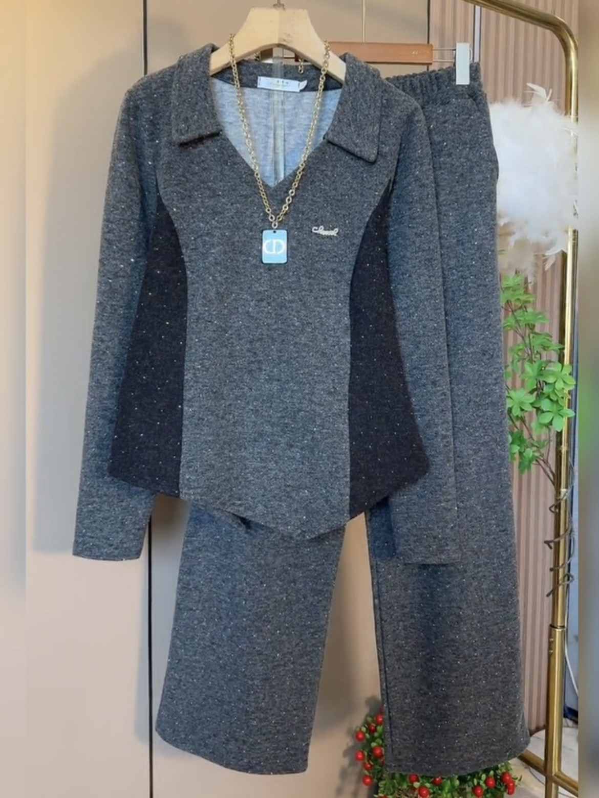 秋冬烫钻大码套装拼接显瘦卫衣长裤两件套加厚保暖冬季内搭气质潮