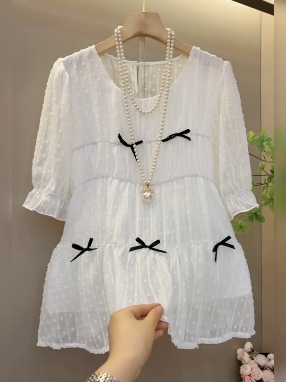 夏季波点蝴蝶结雪纺衫收腰显瘦减龄胖妹妹遮肉超仙上衣大码胖妹妹