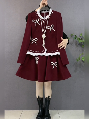 秋冬大码女装条绒套裙蝴蝶结上衣短裙两件套显瘦减龄内搭外穿小众