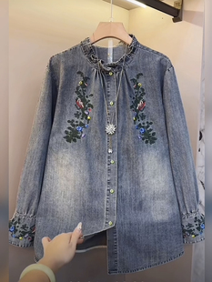 秋冬大码牛仔绣花衬衫复古日系风刺绣花边领长袖内搭国风上衣小众