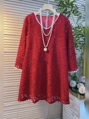 春夏大码重工钉珠蕾丝衫女宽松显瘦洋气减龄中长款上衣内搭打底衫