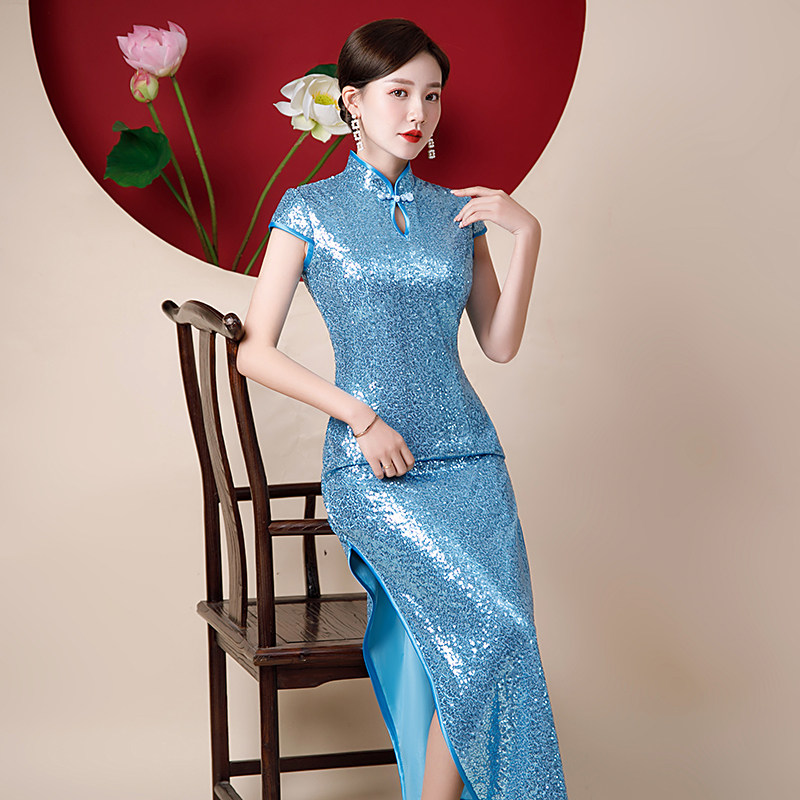 2025新款春秋季高开叉走秀主持婚庆宴会旗袍裙改良版修身性感年会