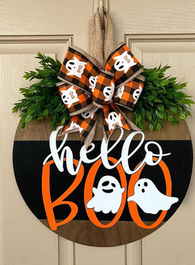 跨境热采木质工艺万圣节白色幽灵BOO 白色骷髅头门牌装饰