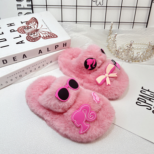 高颜值女童毛绒棉拖鞋可爱公主拖鞋软底女童冬款秋款2025网红新款