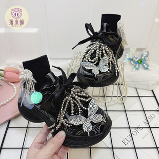 2025新款女款儿童韩版潮流老爹鞋黑色女童运动鞋秋季秋冬皮面防水