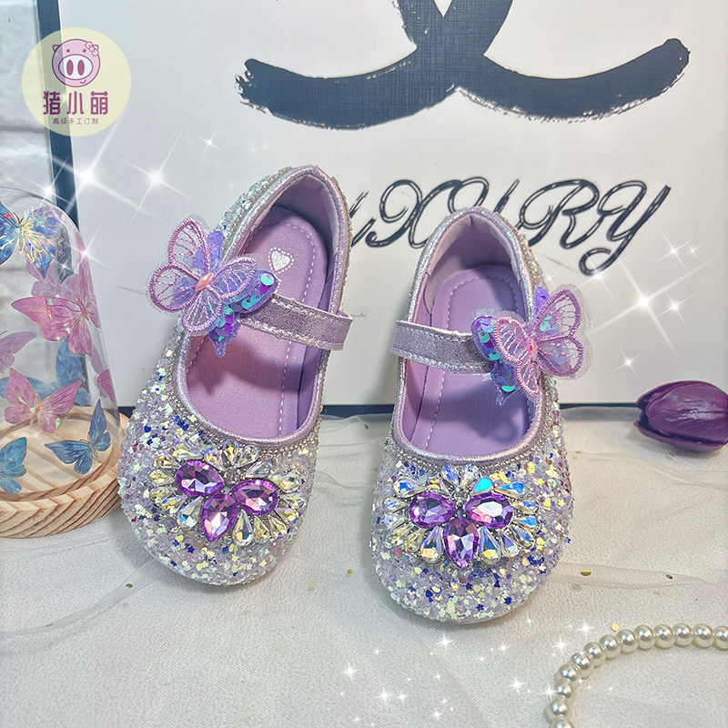 紫色水钻小皮鞋2026春秋新款小女孩亮钻水晶鞋女宝宝表演礼服单鞋