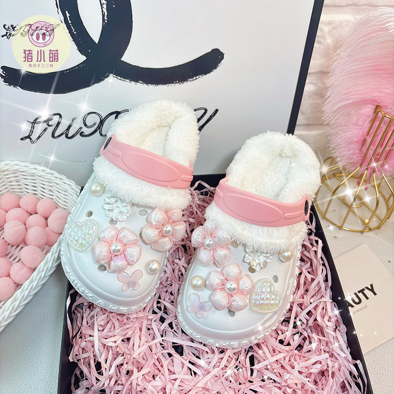 女童宝宝加绒加厚洞洞鞋小学生儿童防滑保暖棉拖鞋家居冬天可外穿