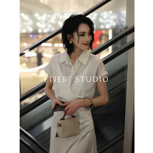 TTIER【月光潮汐】新款夏季时尚通勤收腰褶皱醋酸裙MSL186