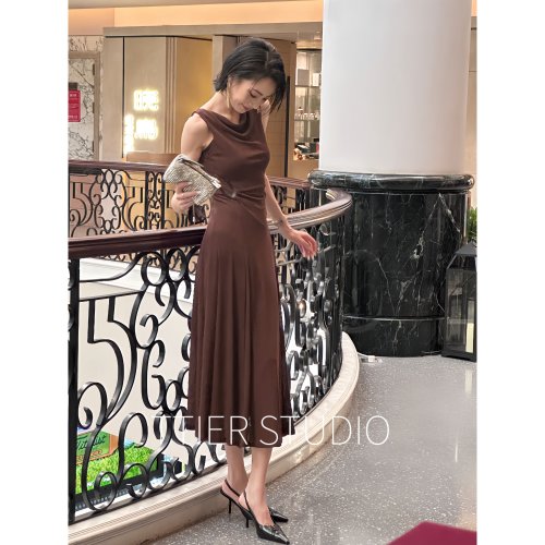 TTIER｜【刺猬小姐】夏季复古荡领抽褶无袖显瘦女士连衣裙MSL068