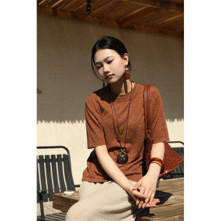 云栖橪羊绒亚麻桑蚕丝混纺夹花肌理纹双层领口半袖 繁花入衣