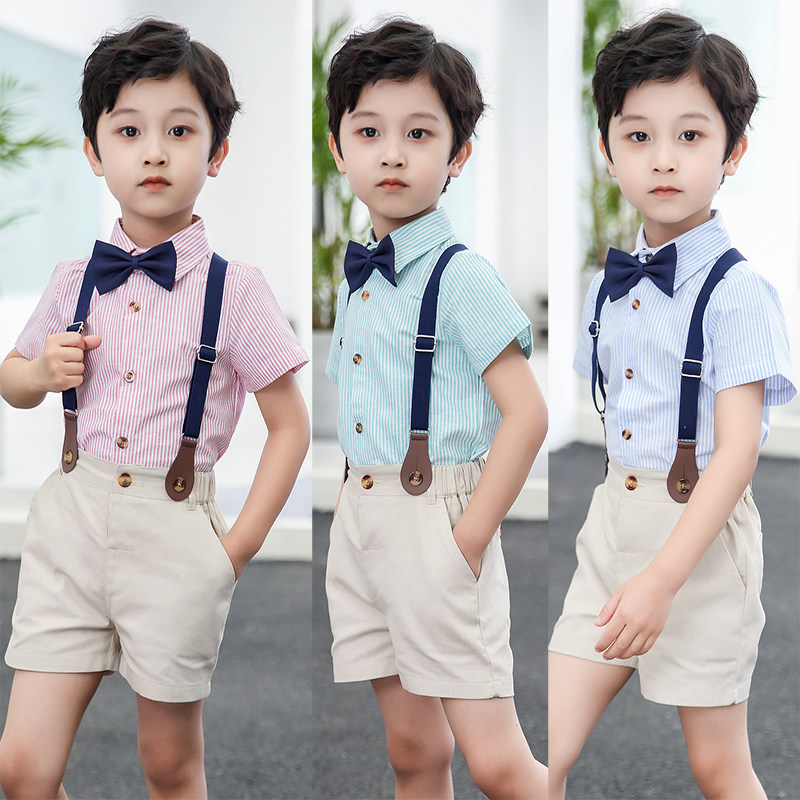 儿童礼服春夏新款男童条纹背带裤两件套宝宝周岁生日短袖衬衫套装图片