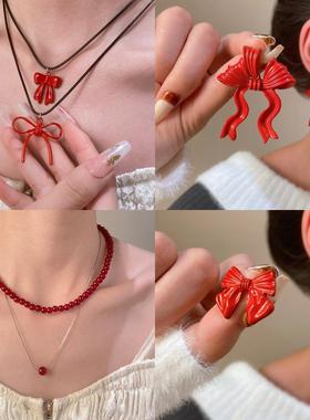 Red bow earrings大红色蝴蝶结耳环项链套装滴油喜庆新年秋冬耳钉
