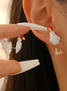 稀奇古怪的立体油画小鸡形耳钉Chicken Earrings创意动物趣味耳鸡
