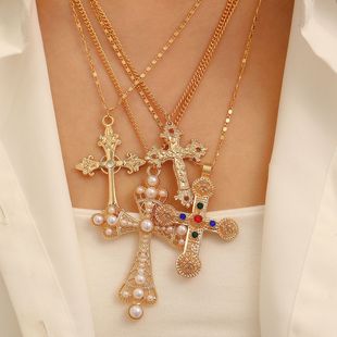 Cross necklace复古宫廷金银两色彩钻圆珠十字架叠戴多层项链套装