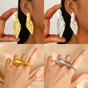 Deciduous earrings欧美夸张时尚枯萎落叶耳钉戒指设计感树叶指环