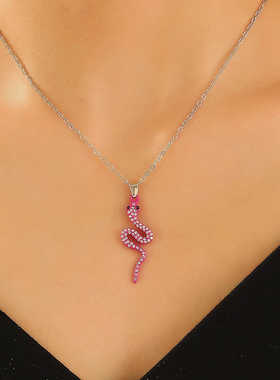 个性火龙果色镶钻蛇形锁骨链