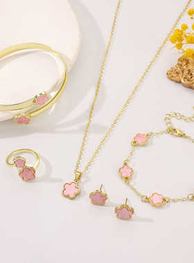 Petal jewelry set五叶纯色花瓣幸运耳钉手链镯项链戒指首饰套装
