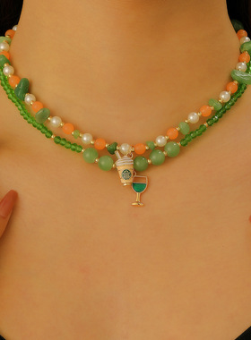 清新夏日梦珑奶茶酒杯串珠项链