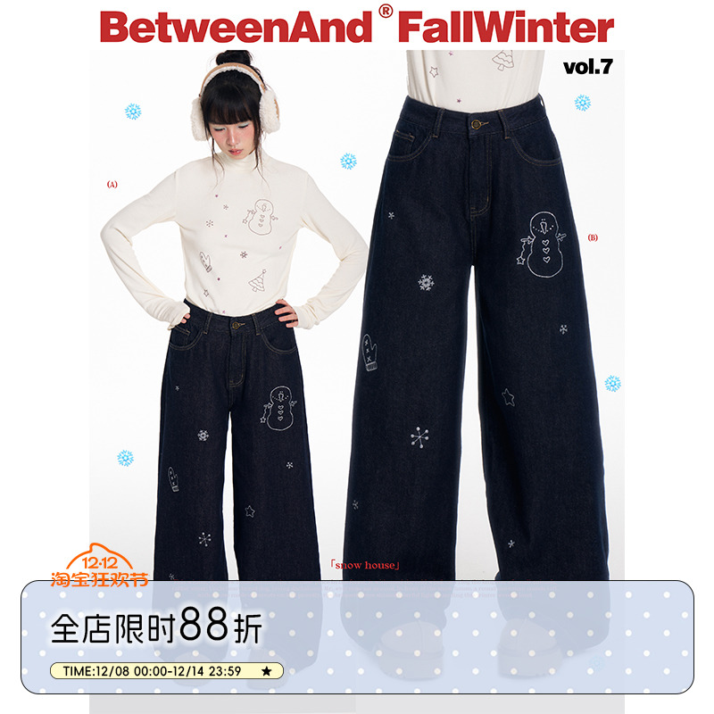 小雪人薄绒宽松牛仔裤