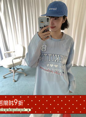 BETWEENAND 趣味印花蓝色条纹blokette少女运动风拼接长袖T恤球衣