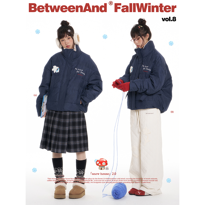 BETWEENAND 冬季保暖宽松仿牛仔棉服耐脏宽松口袋蝴蝶结时髦外套